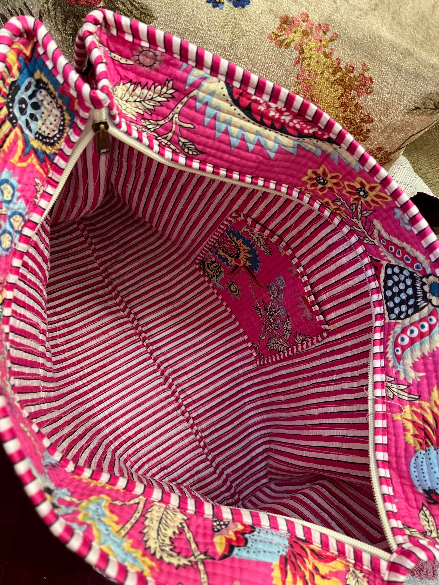 Pink Floral Handblock Printed Quilted Tote Bag with concealed zip