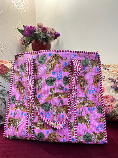 Pink Tiger Handblock Printed Quilted Tote Bag with concealed zip