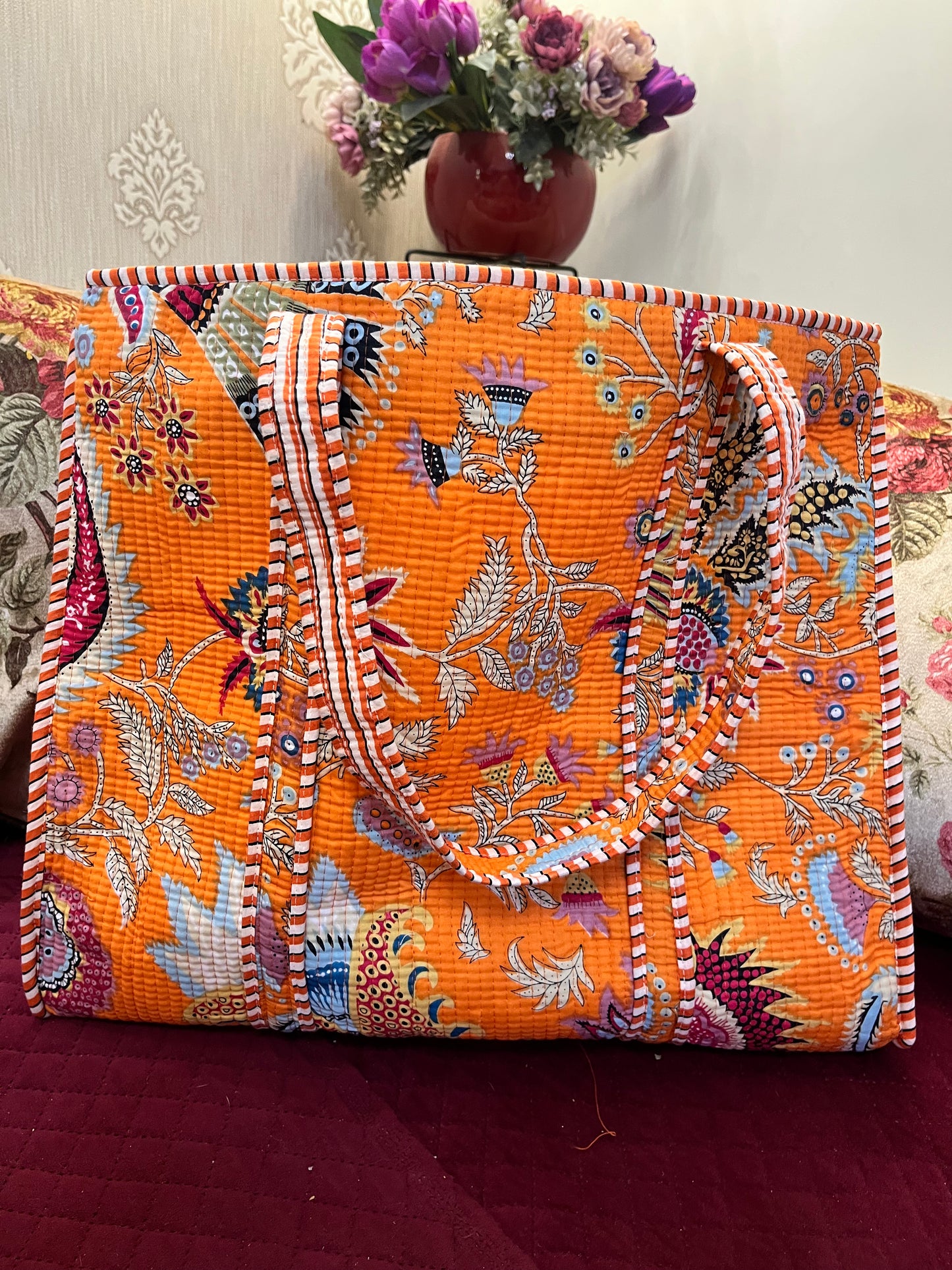 Orange floral Handblock Printed Quilted Tote Bag with concealed zip