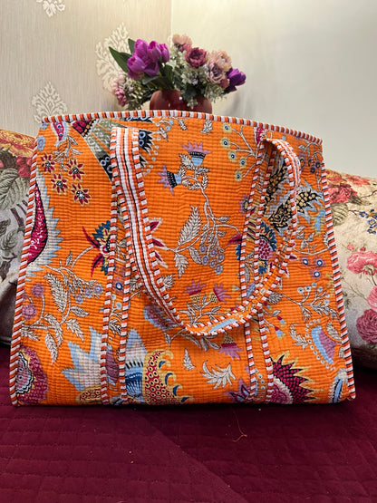 Orange floral Handblock Printed Quilted Tote Bag with concealed zip