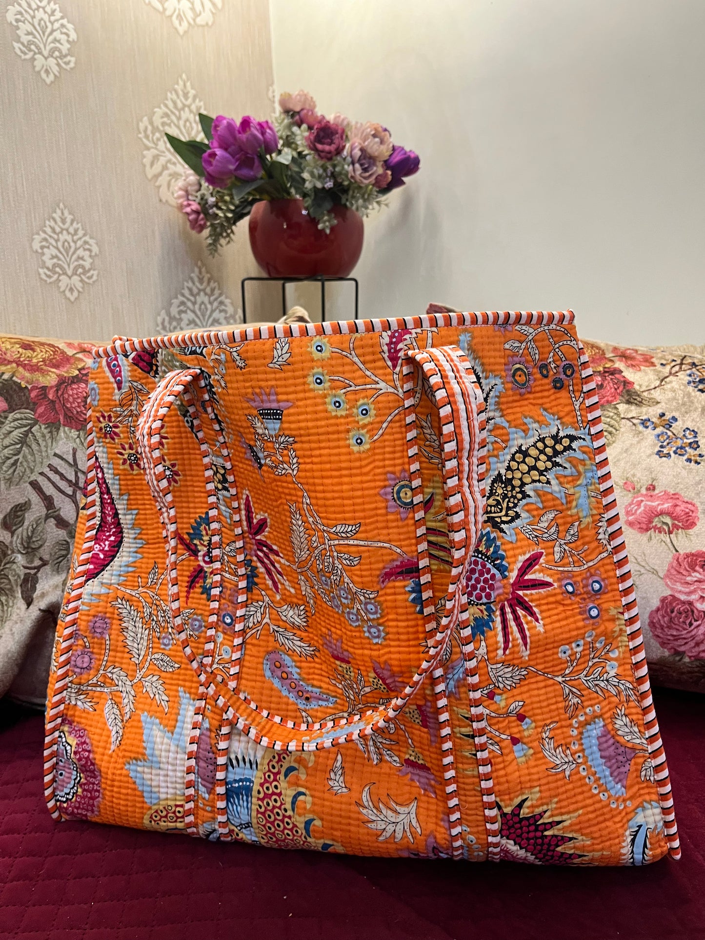 Orange floral Handblock Printed Quilted Tote Bag with concealed zip