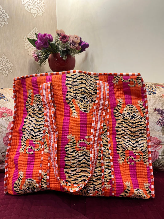 Orange tiger Handblock Printed Quilted Tote Bag with concealed zip