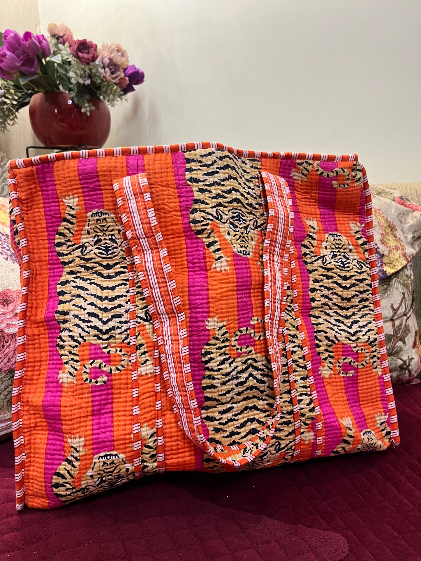 Orange tiger Handblock Printed Quilted Tote Bag with concealed zip