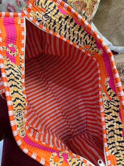 Orange tiger Handblock Printed Quilted Tote Bag with concealed zip