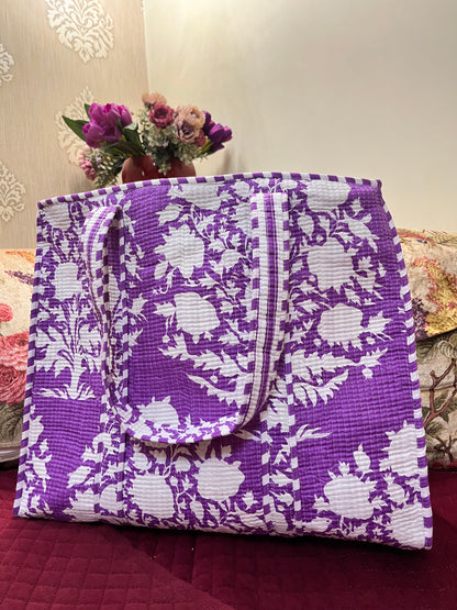 Purple White Handblock Printed Quilted Tote Bag with concealed zip