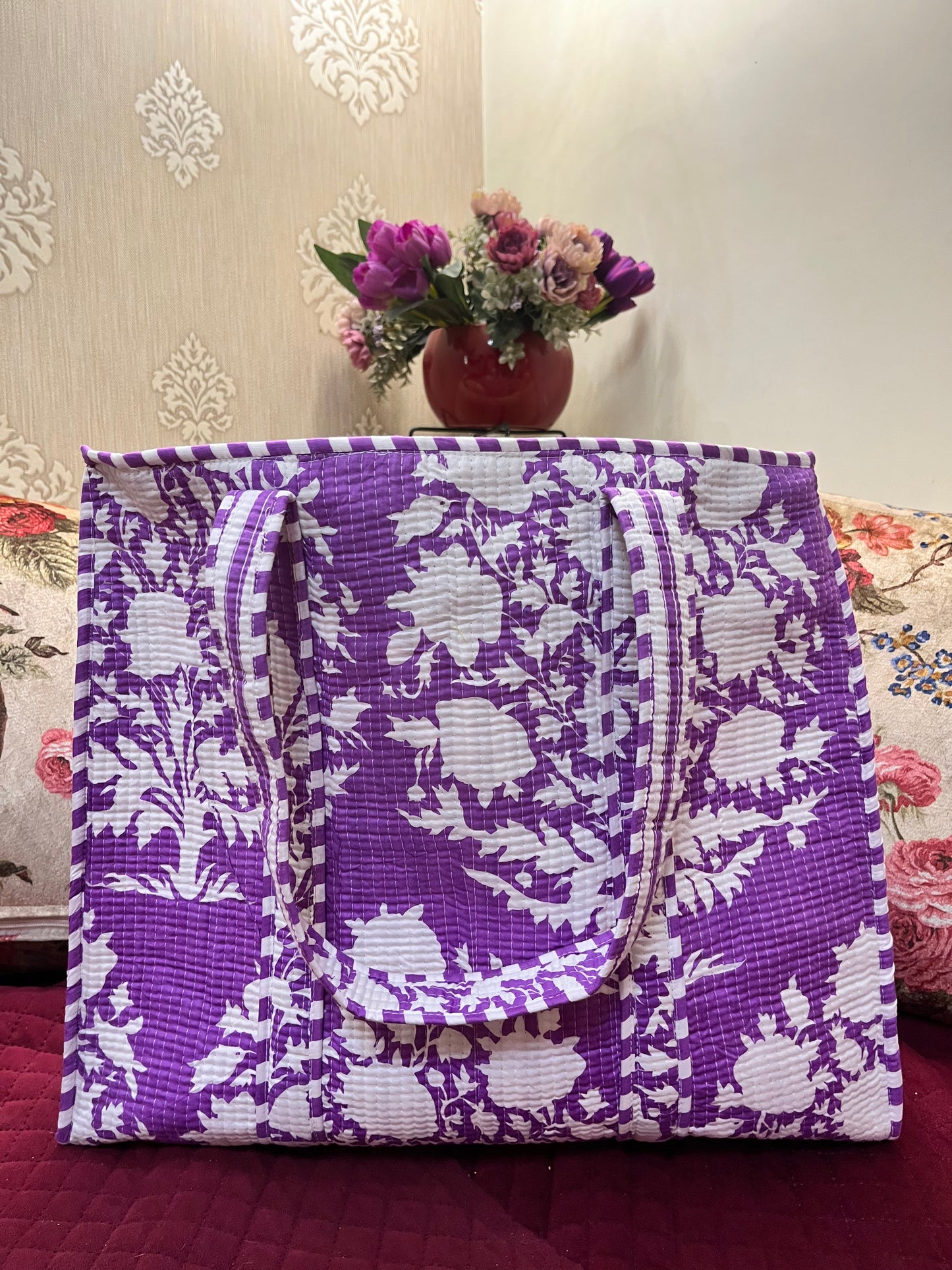 Purple White Handblock Printed Quilted Tote Bag with concealed zip