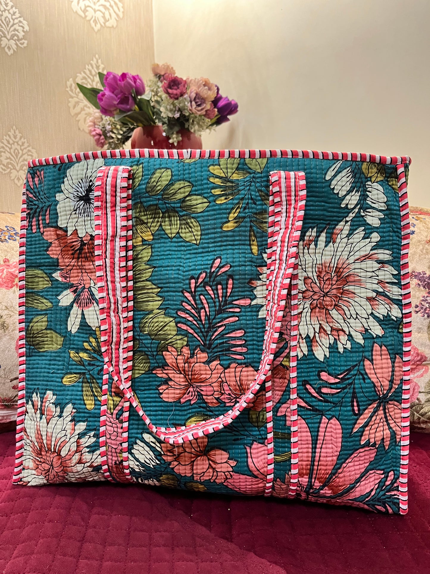 Sea green Handblock Printed Quilted Tote Bag with concealed zip