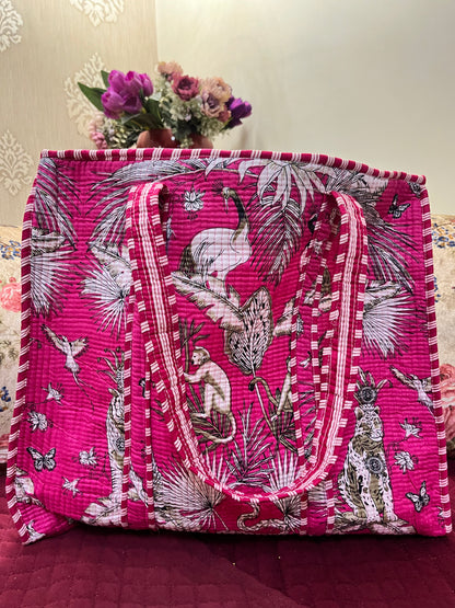 Pink Handblock Printed Quilted Tote Bag with concealed zip