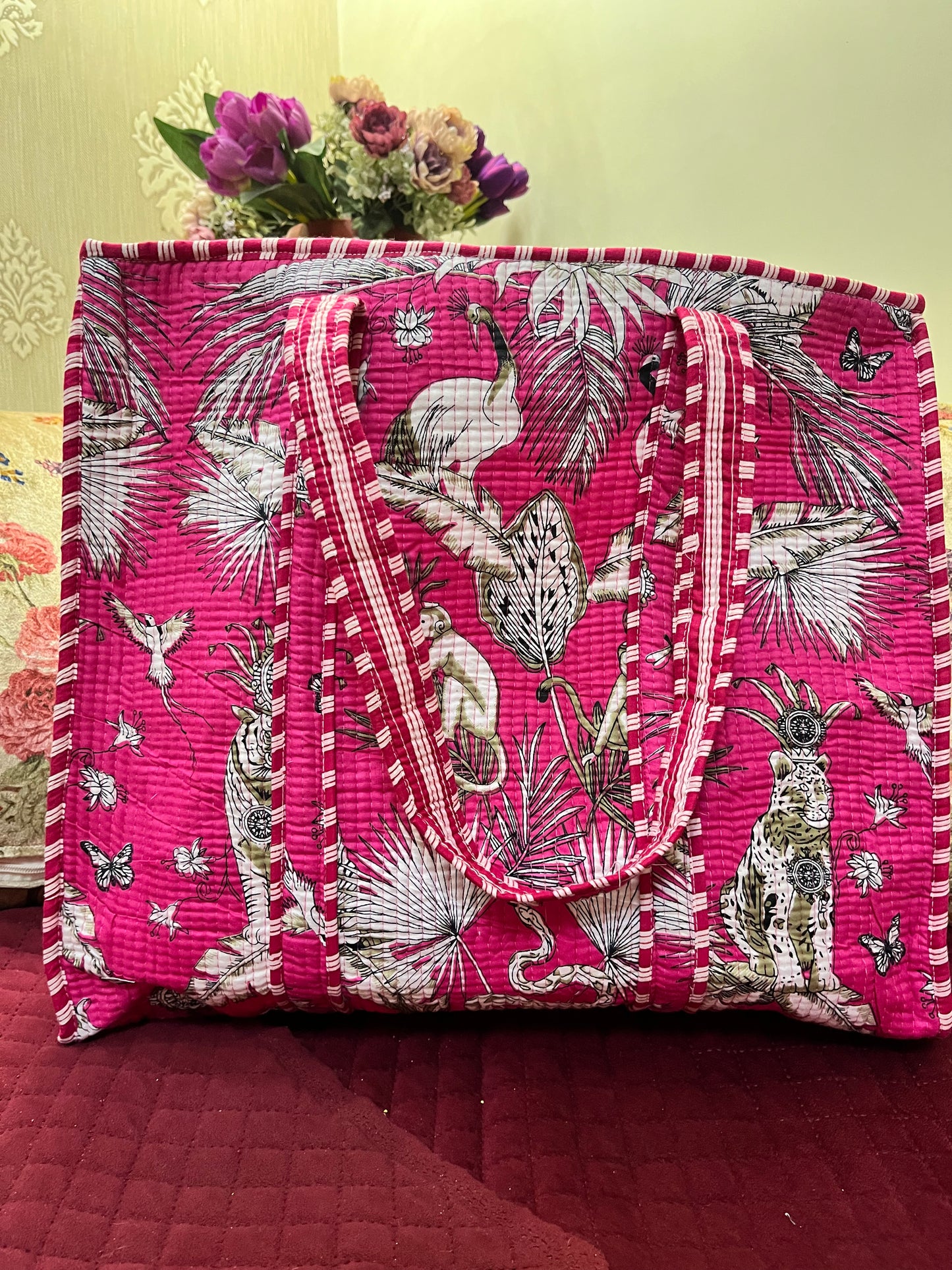 Pink Handblock Printed Quilted Tote Bag with concealed zip