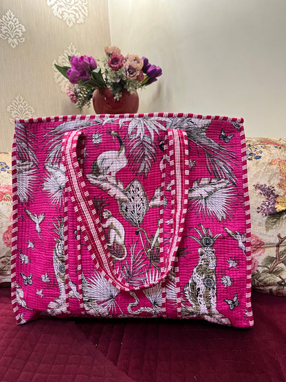 Pink Handblock Printed Quilted Tote Bag with concealed zip