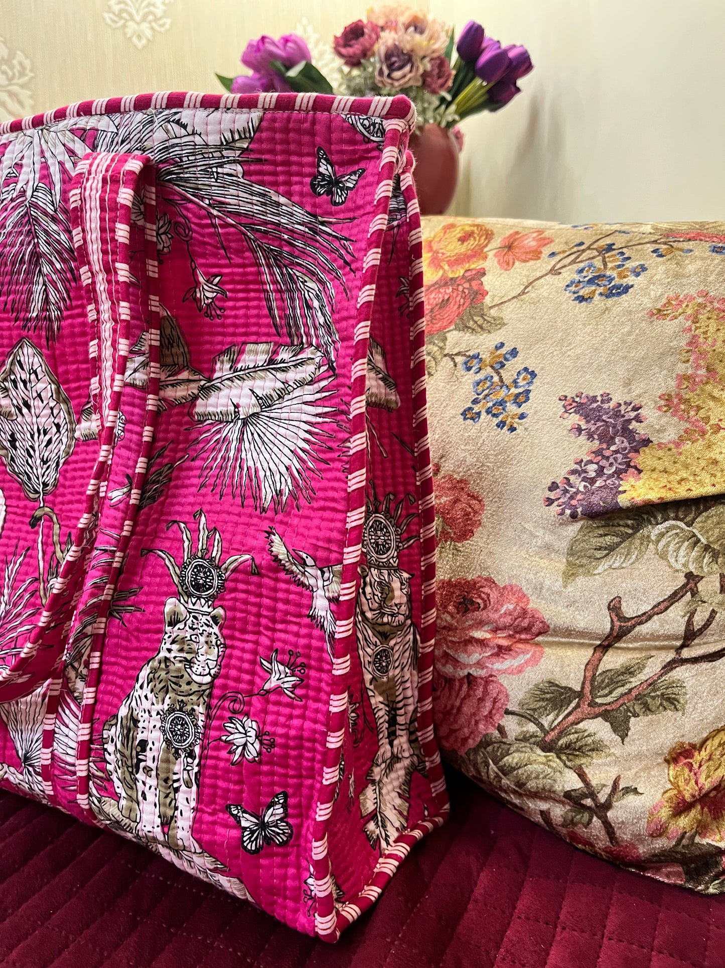 Pink Handblock Printed Quilted Tote Bag with concealed zip