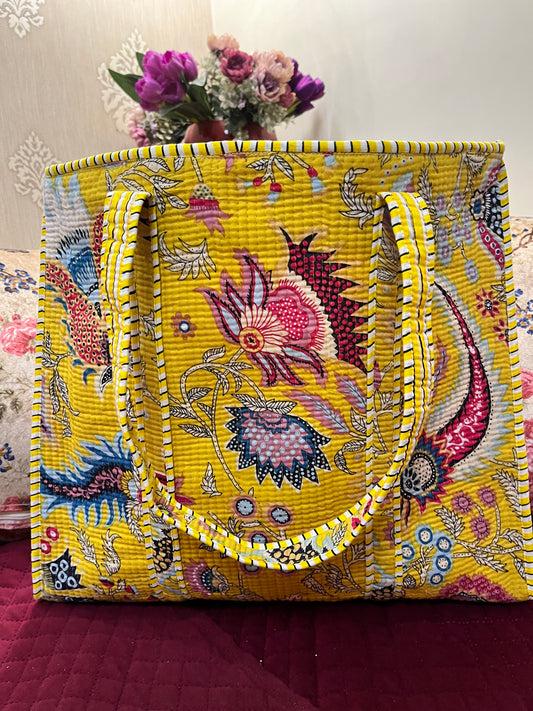 Yellow floral Handblock Printed Quilted Tote Bag with concealed zip