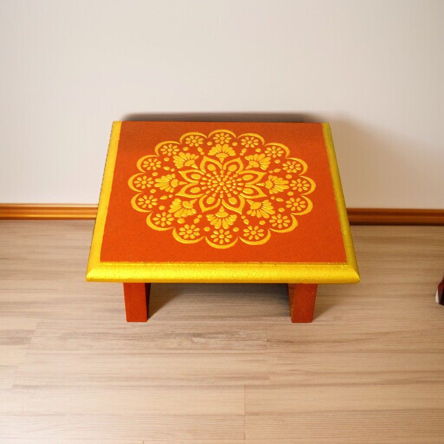 Red Handcrafted Wooden Pooja Chowki