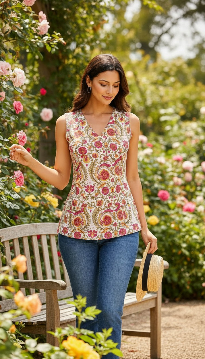 Gulnaar Blossom Handblock Sleeveless Top