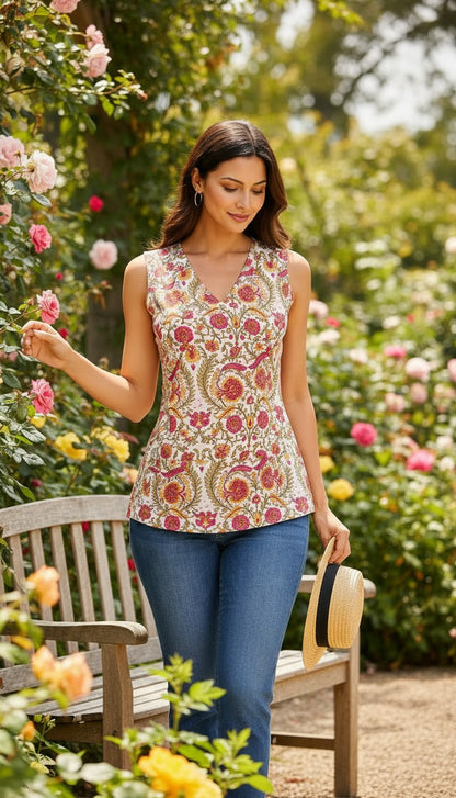 Gulnaar Blossom Handblock Sleeveless Top