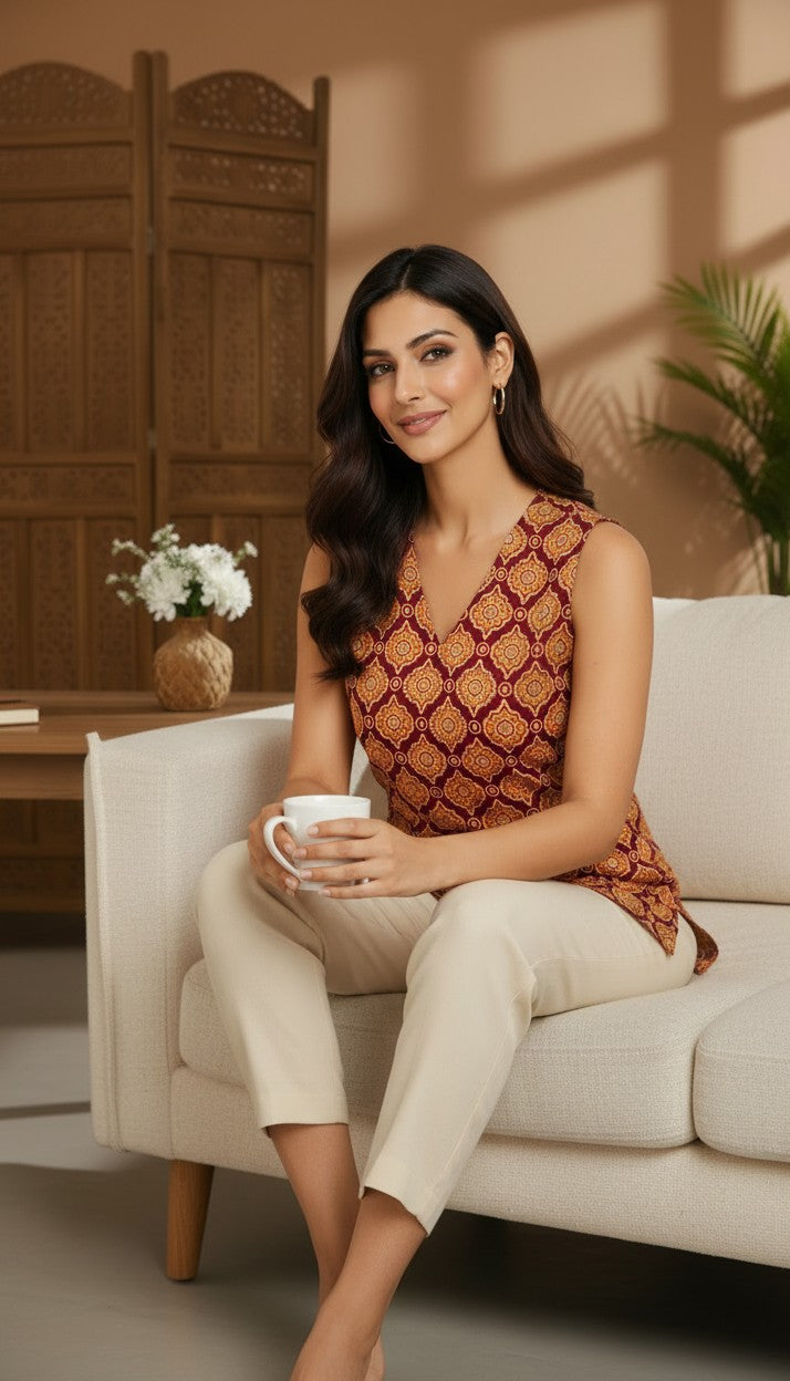 Sunehri Matsya Handblock Sleeveless Top