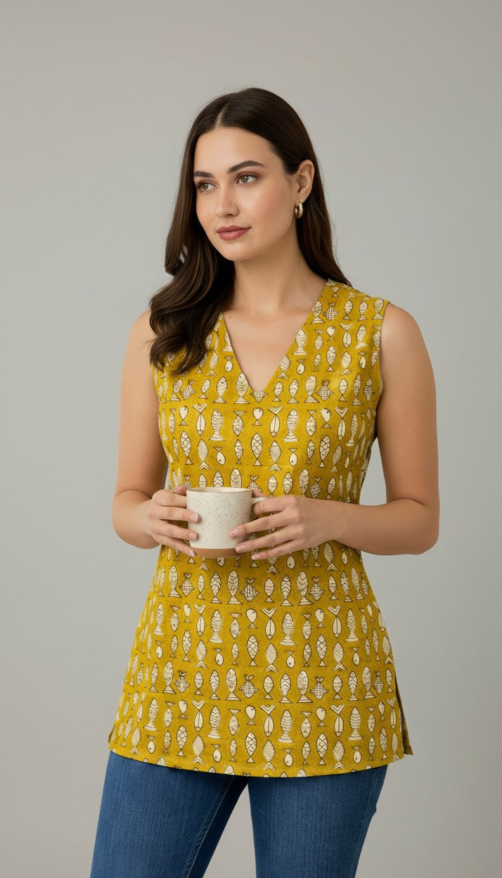 Mustard Marina Handblock Sleeveless Top