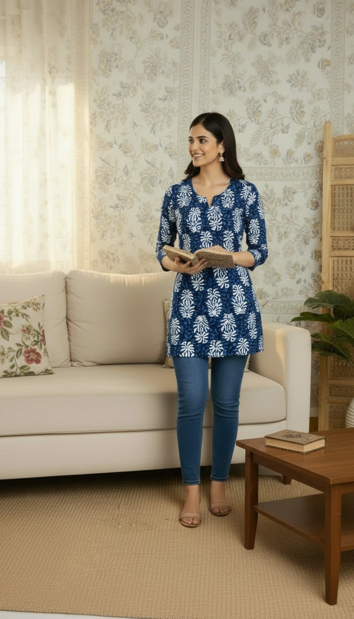 Indigo Bloom Printed Cotton Kurti