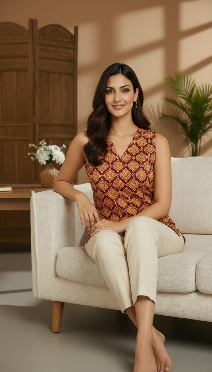 Sunehri Matsya Handblock Sleeveless Top