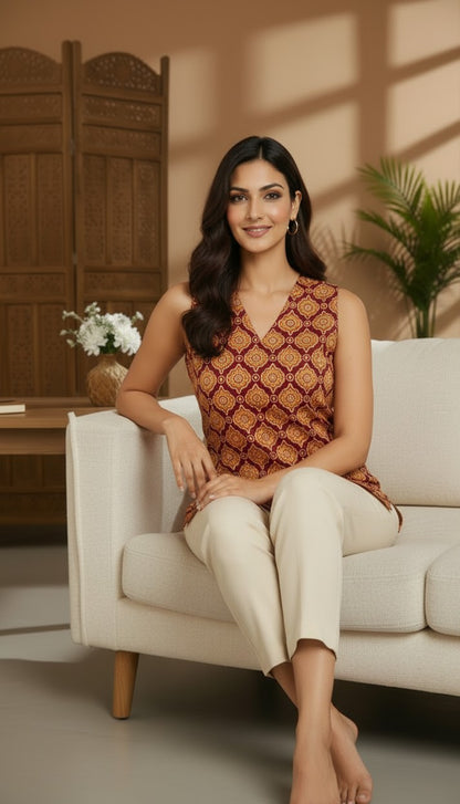 Sunehri Matsya Handblock Sleeveless Top