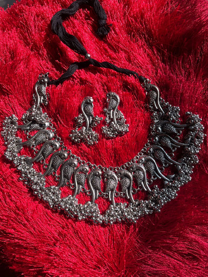 Silver plated Oxidised peacock chocker with earrings