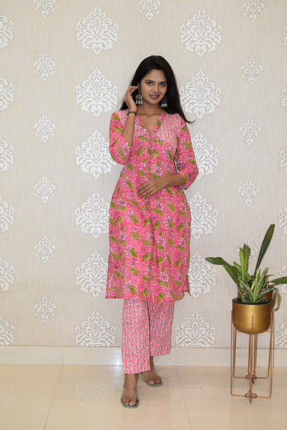 Alia cut pink printed handblock coord set