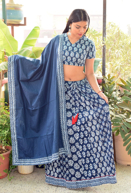 Moore Pankhi Indigo Rayon half sleeves lghanga set