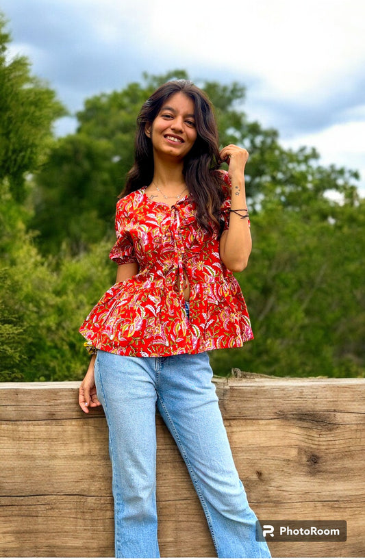 Red Green cotton peplum Bow top