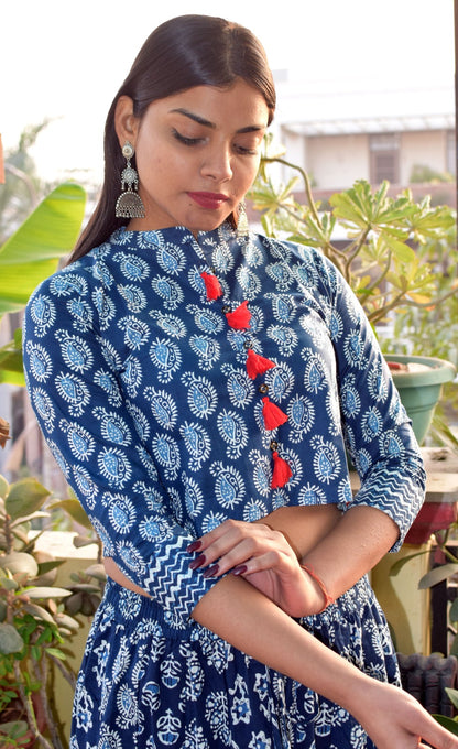 Morpankhi Indigo Rayon Blouse with Skirt