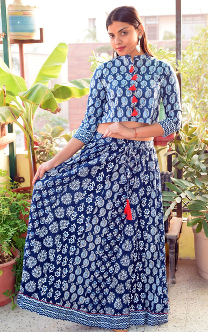 Morpankhi Indigo Rayon Blouse with Skirt