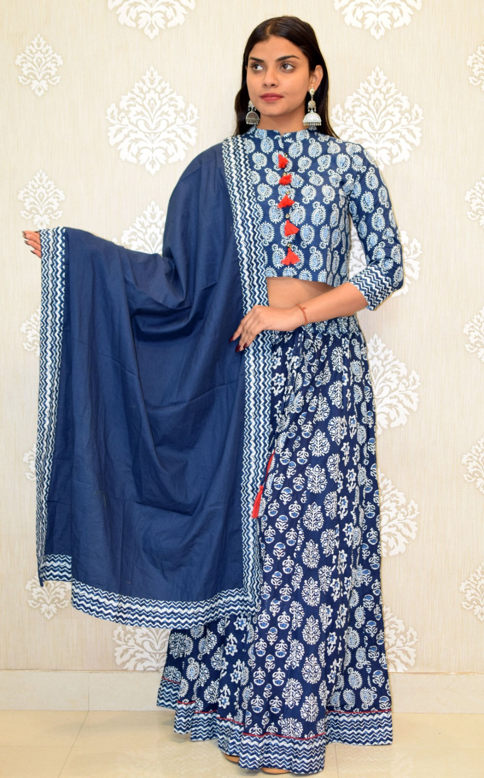 Morpankhi Indigo Rayon Blouse with Skirt