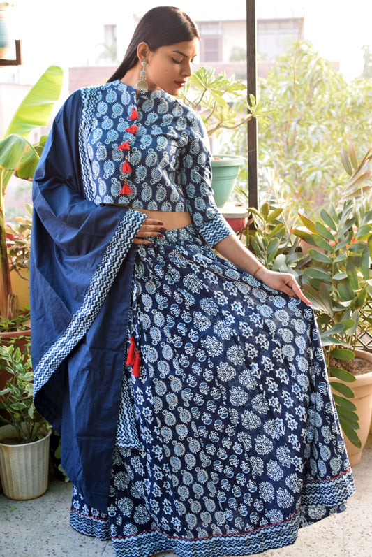 Morpankhi Indigo Rayon Blouse with Skirt