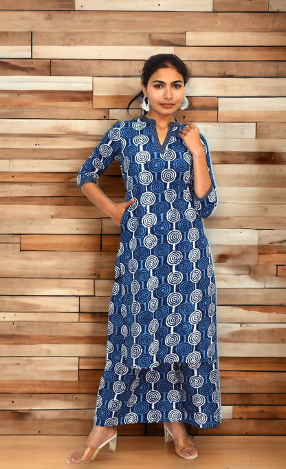 Blue printed handblock kurta with plazzo