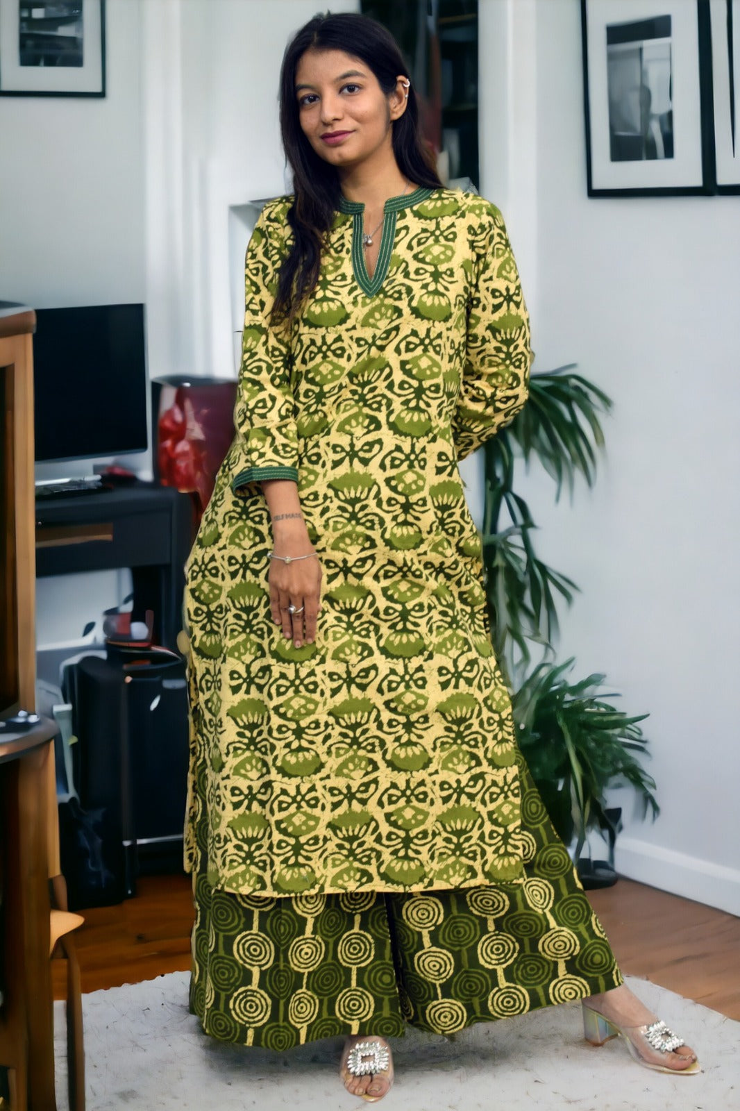 Green kamal printed handblock kurta with  plazzo