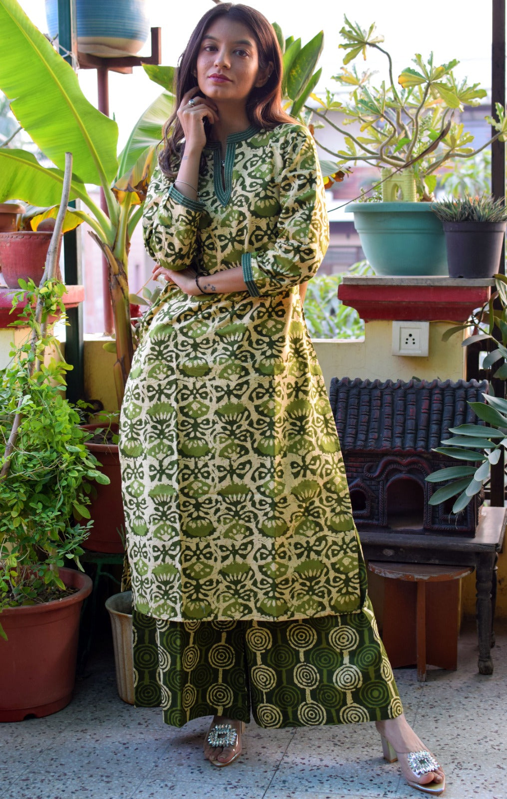 Green kamal printed handblock kurta with  plazzo