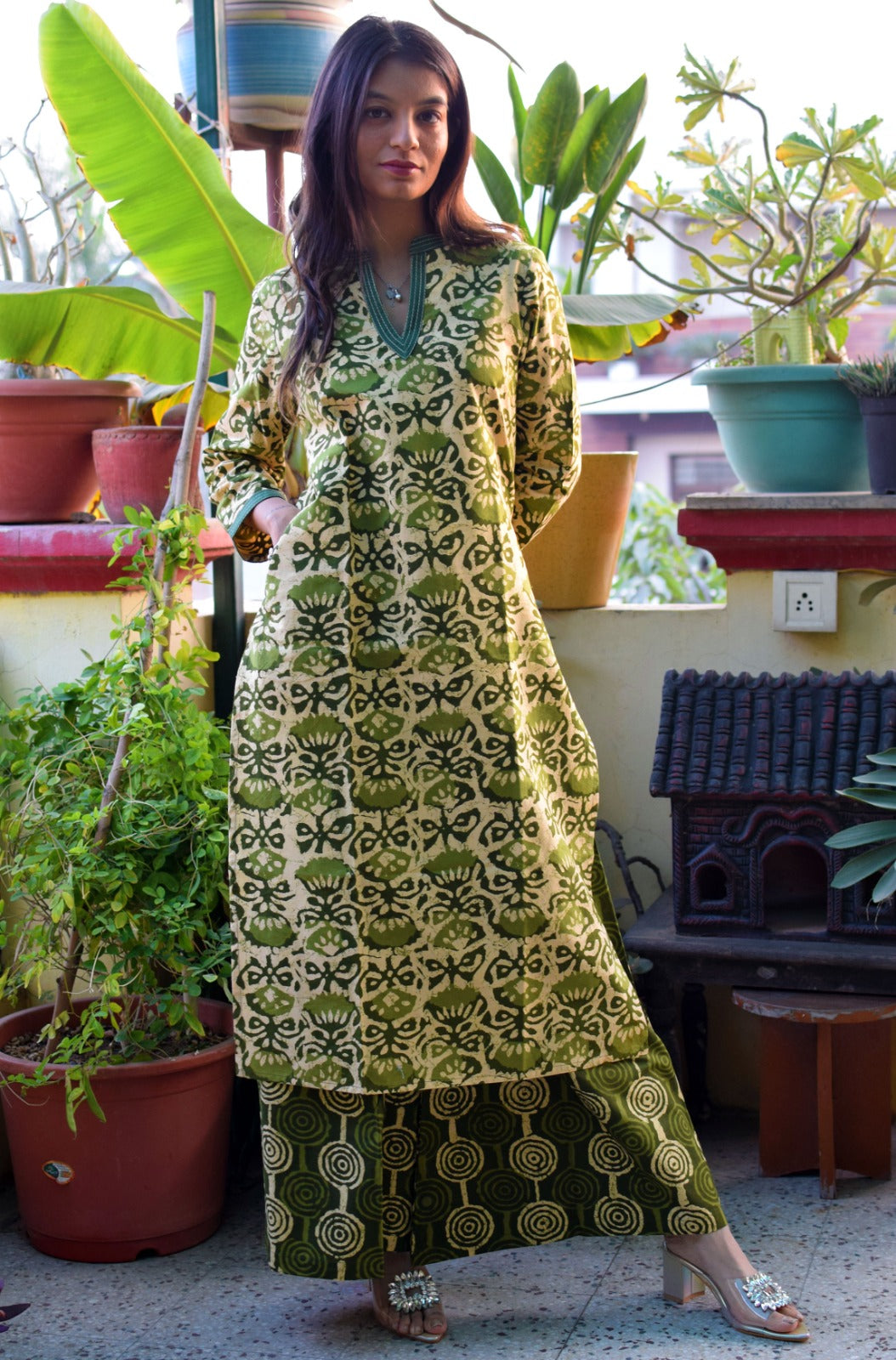 Green kamal printed handblock kurta with  plazzo