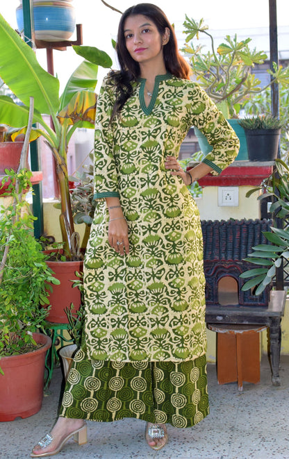 Green kamal printed handblock kurta with  plazzo