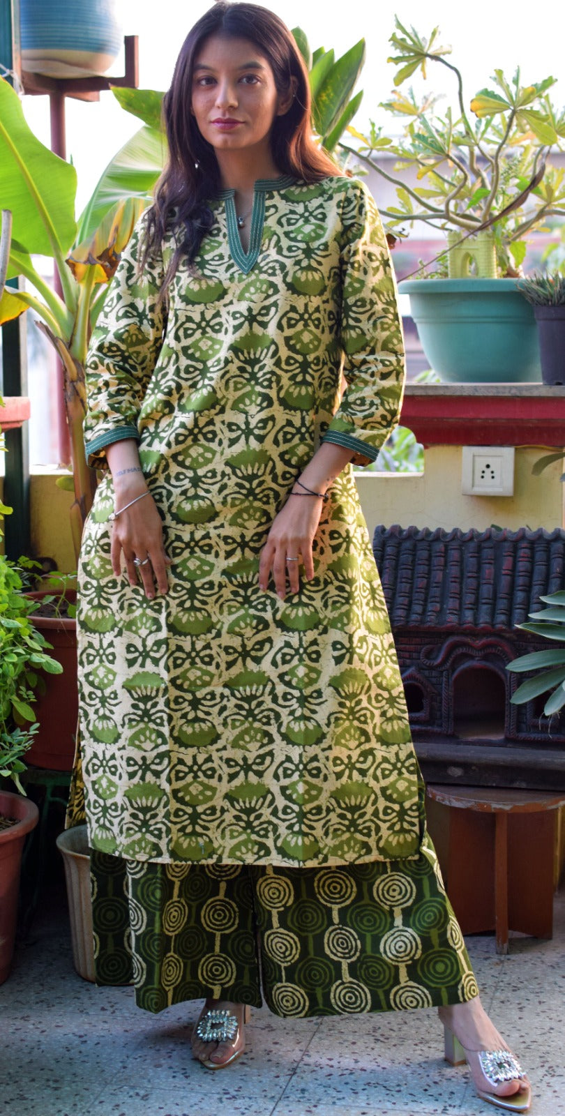 Green kamal printed handblock kurta with  plazzo