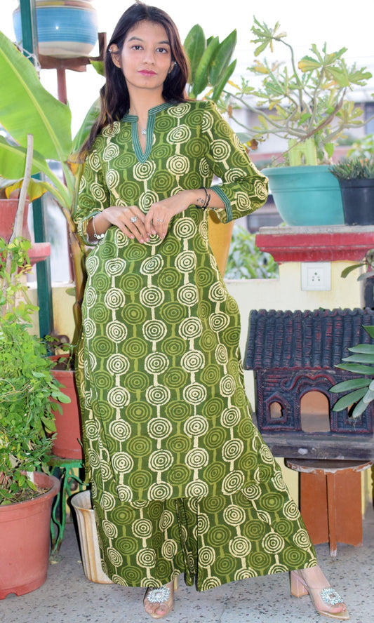 Green printed handblock kurta with plazzo