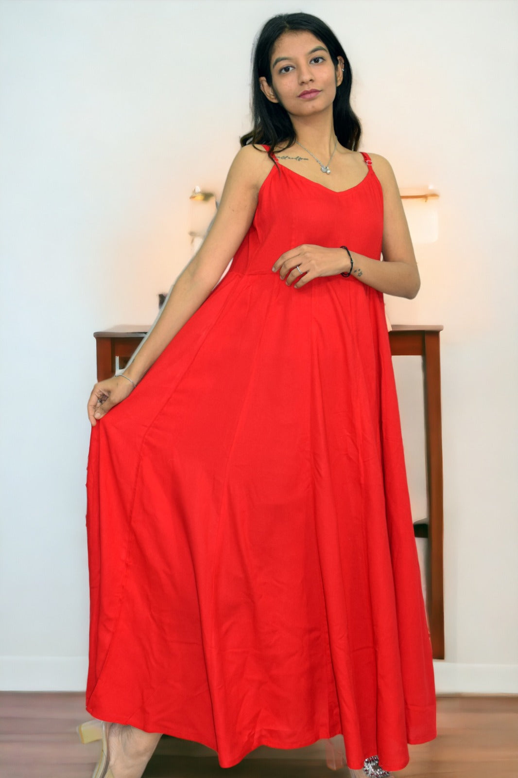 Red Long Flared A Line Rayon Dress