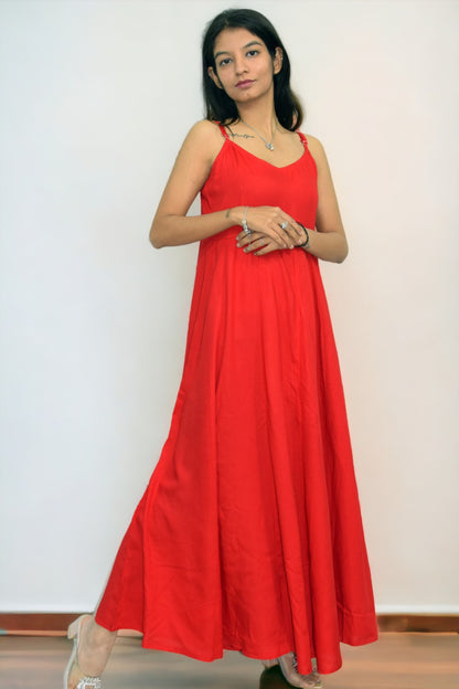 Red Long Flared A Line Rayon Dress