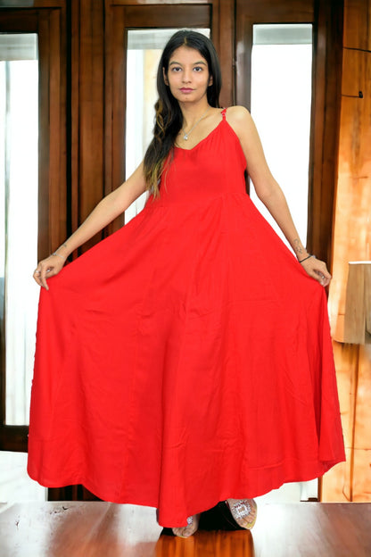 Red Long Flared A Line Rayon Dress