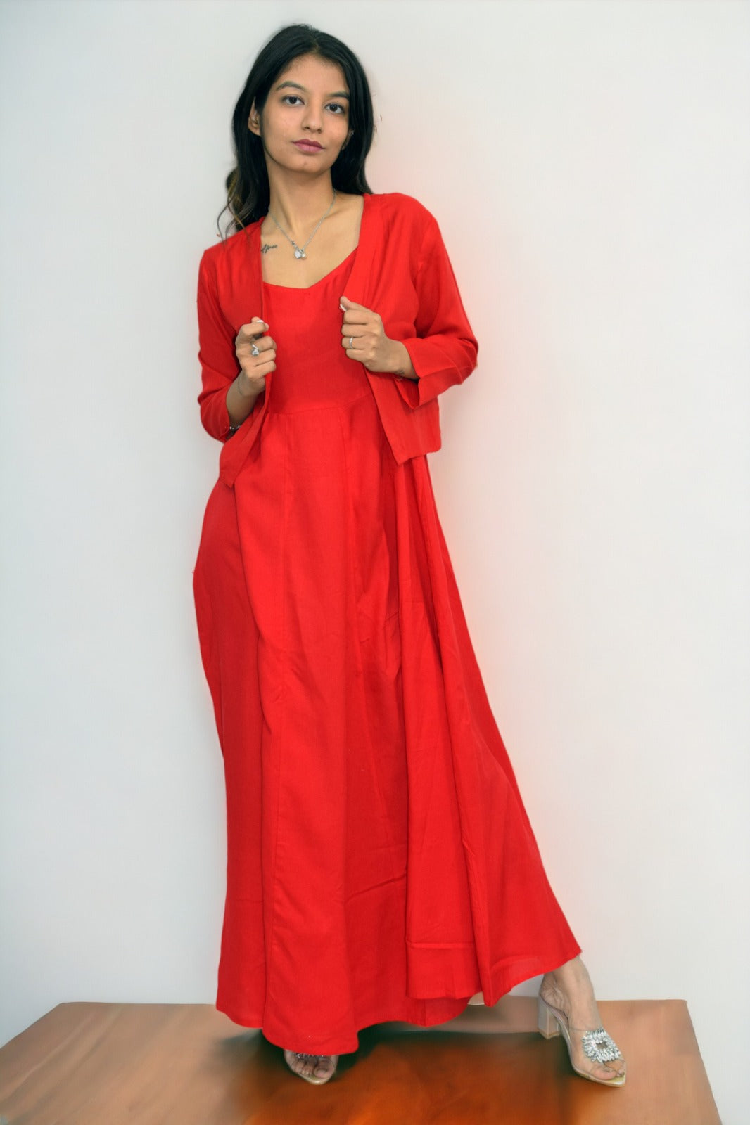 Red Long Flared A Line Rayon Dress with jacket Jaipur Hand Block Red Long Flared A Line Rayon Dress with jacket Jaipur Hand Block