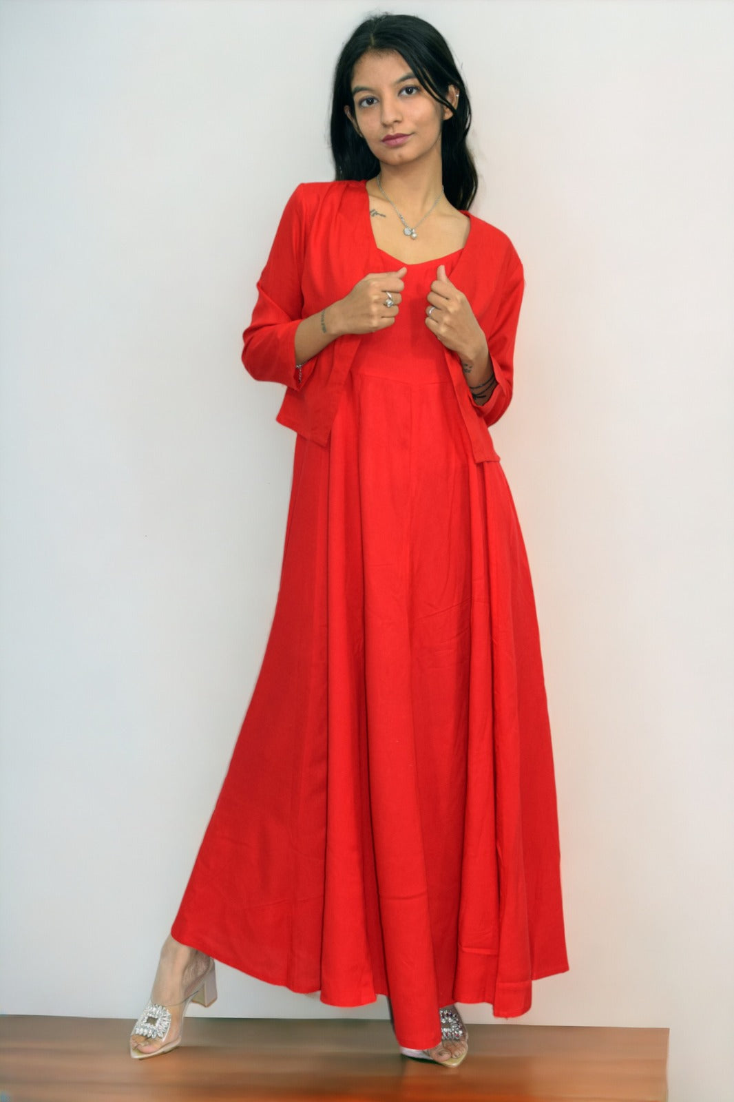 Red Long Flared A Line Rayon Dress with jacket