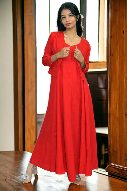 Red Long Flared A Line Rayon Dress with jacket