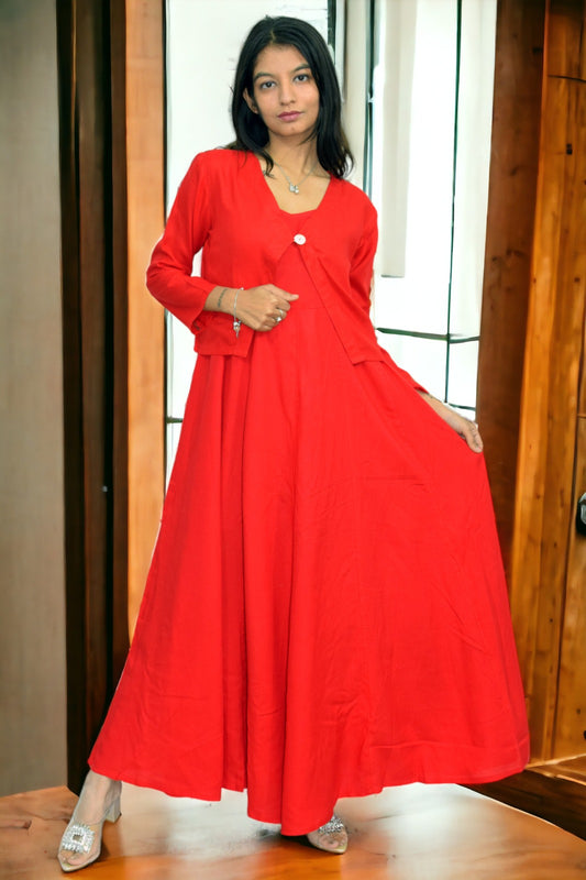 Red Long Flared A Line Rayon Dress with jacket