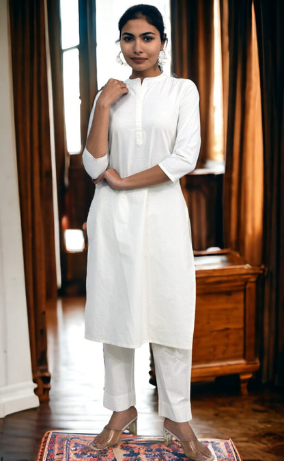 White collared Plain Cotton Kurta with pants