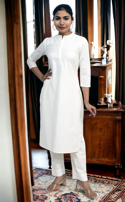 White collared Plain Cotton Kurta with pants