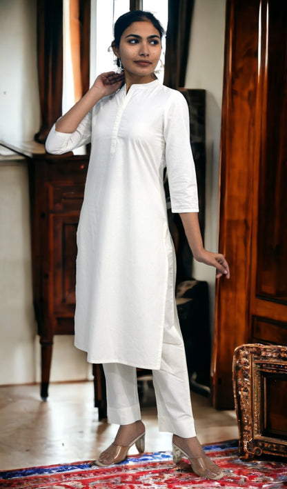 White collared Plain Cotton Kurta with pants