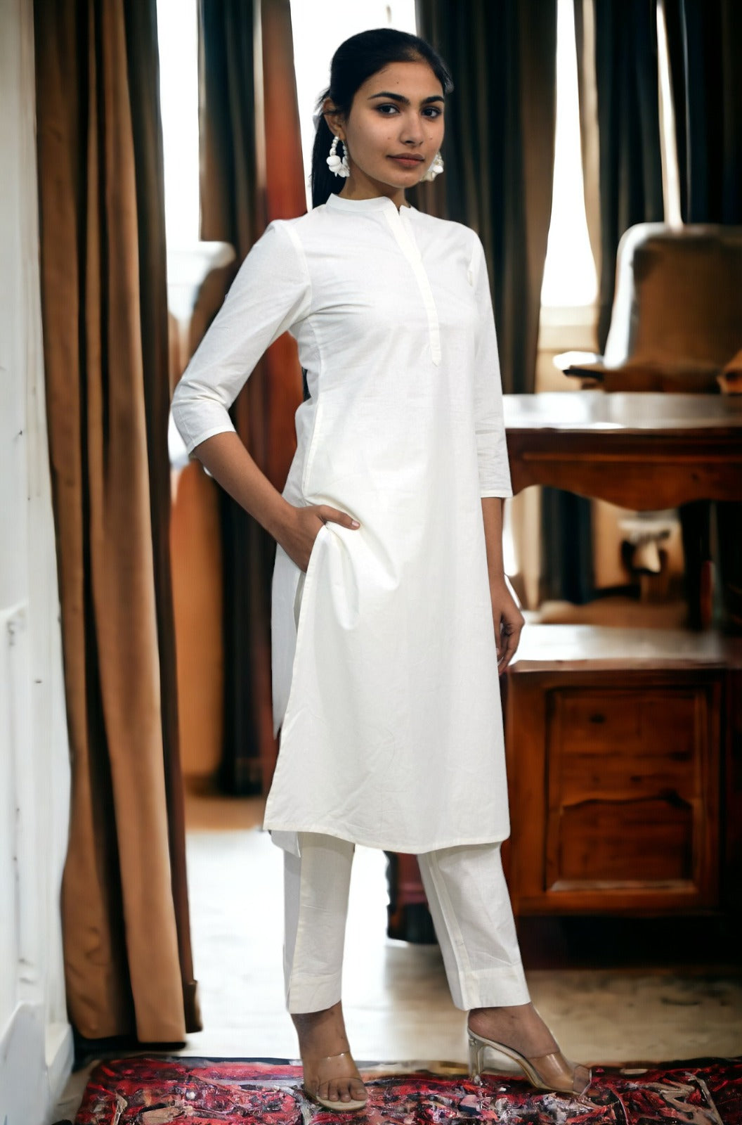 White collared Plain Cotton Kurta with pants